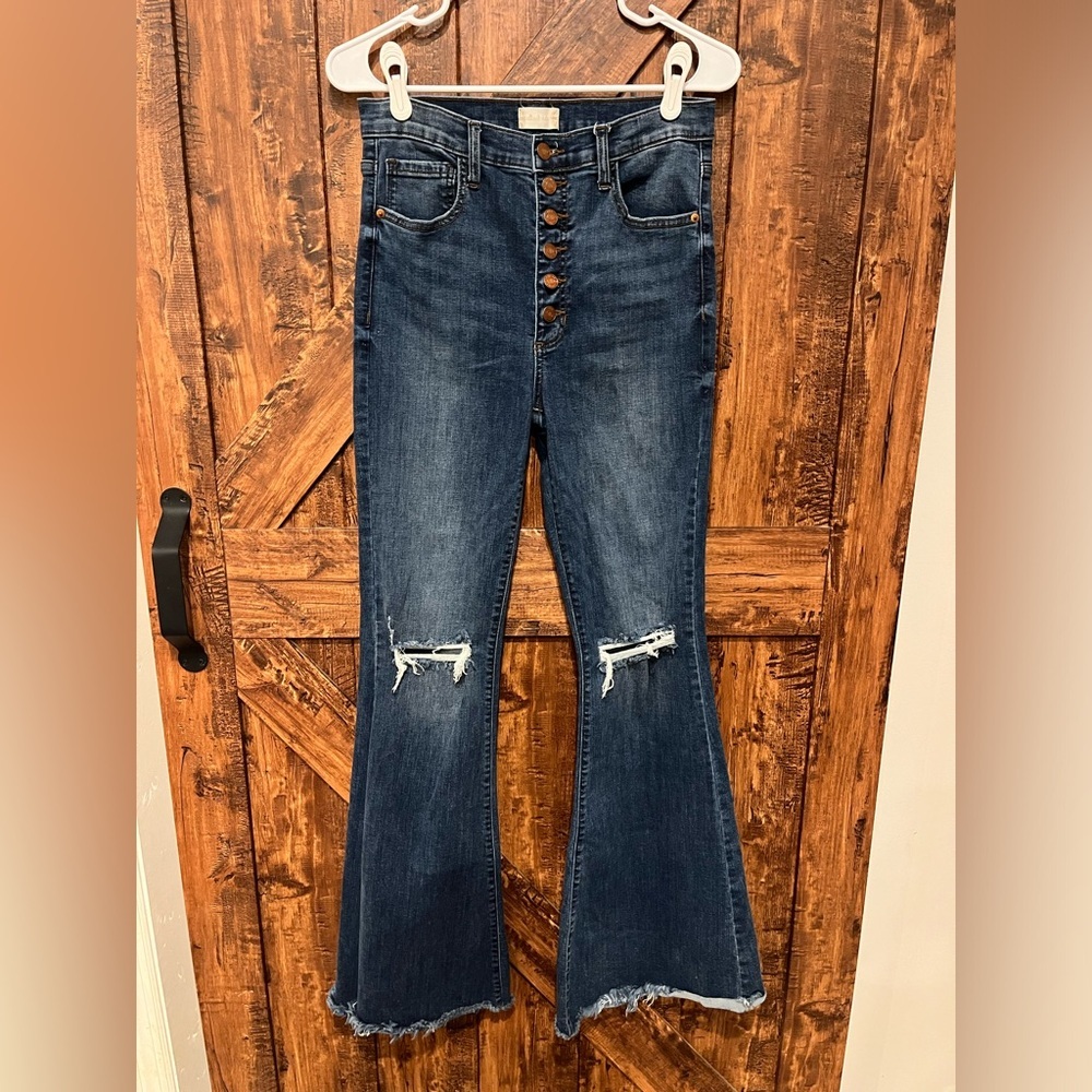 Altar’d state women’s high waist bell bottom dark wash distressed blue jeans 30”